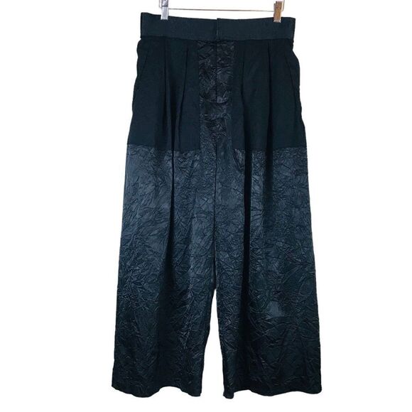 Ms MIN Pleated Palazzo Pants Size 4 Black Crinkled Cropped Wide Contrasting - Picture 1 of 15